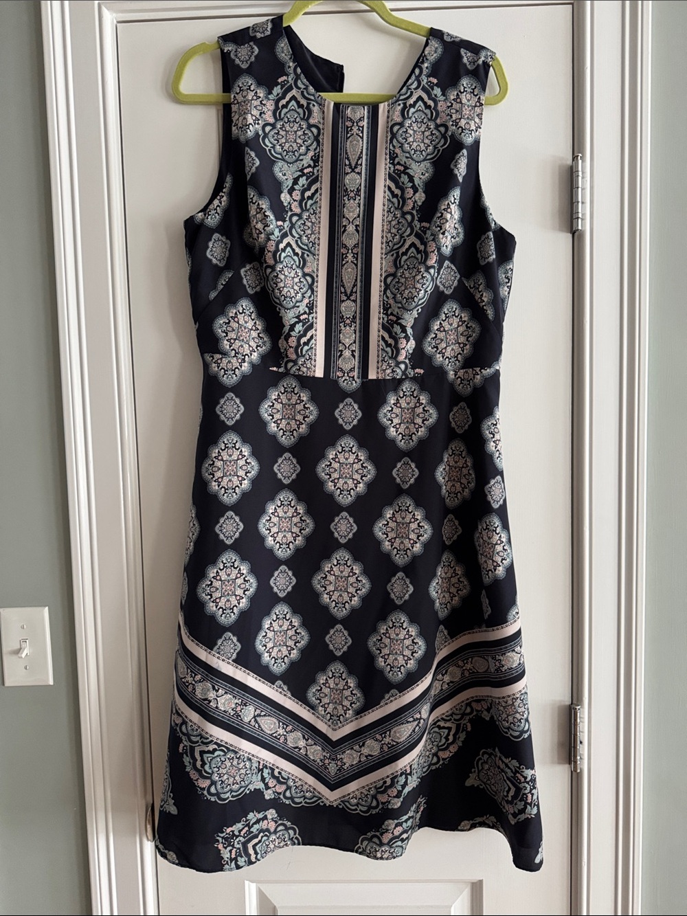 LOFT Black Sleeveless Midi Dress with Cream and Light Blue Medallion Print
